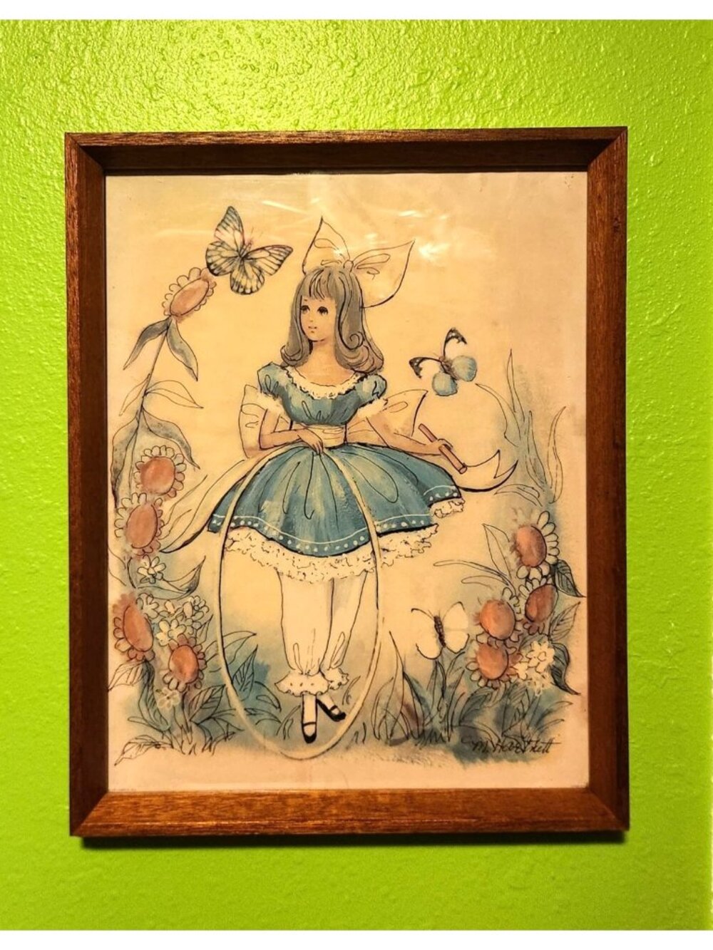 Vintage M. Harnett Lithograph Framed Artwork Of Girl With Butterflies & Flowers